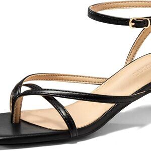 Women's Faux Leather Kitten Heels Low Open Square Toe Strappy Flip Flops